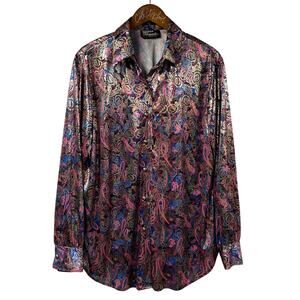 Silver Threads Shirt Long Sleeve Shiny Paisley Vintage Disco XL